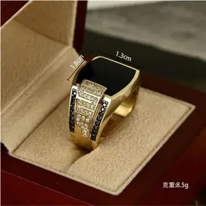 Hete Verkopende Sieraden Nieuw Goud Breed Gezicht Zwart Diamant Heren Ring Mode Hiphop Kristallen Ringen
