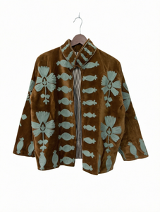 Veste en velours marron pour femme avec col châle, broderie florale, ouverture sur le devant, style Suzani, vente en gros, fournisseur B2B - Product Image 2
