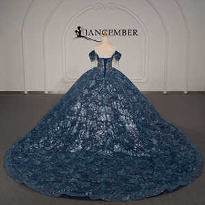 Vestido de Gala Largo Azul Marino con Cuello Barco y Apliques de Pedrería Pesada, Lentejuelas y Borlas Florales Lsmc73-Pz para Fiesta Formal - Product Image 5