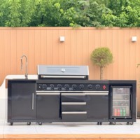 Barbecue à gaz moderne et luxueux de qualité supérieure à 8 brûleurs en acier inoxydable, brûleurs infrarouges, cuisinière latérale noire pour cuisine extérieure, réfrigérateur de 68 L