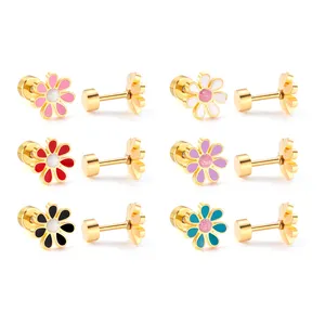 custom wholesale korean Mixed flower 18k gold plated jewelry fashion stud earrings stainless steel earrings for little girls
