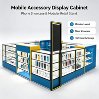 Kios Display Aksesoris Ponsel Modular Lengkap Warna Biru Kuning dengan Area Display Kaca Terbuka dan Panel High Gloss