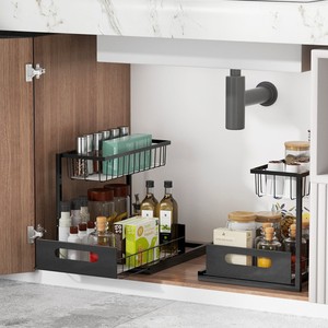 Organisateur de <span class=keywords><strong>cuisine</strong></span> étagère d'évier empilable à 2 niveaux sous l'évier organisateur d'armoire supports de rangement en métal et étagères Double Rectangle Spice - Product Image 1
