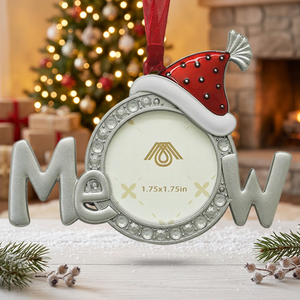 Mew <b>Christmas</b> Ornament with Santa Hat Metal Frame 1.75x1.75in Personalized Photo Holder Indoor Decor - Product Image 2