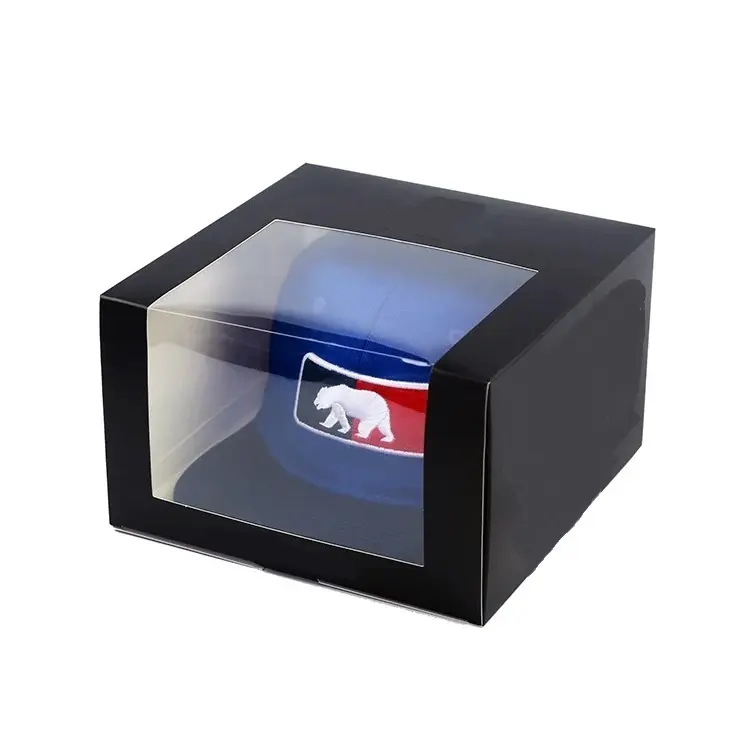 wholesale custom black mailer box collapsible luxury clear plastic window snapback hat baseball hat boxes