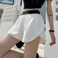 Celana Pendek Lari Wanita Berkualitas Tinggi 2 in 1 Cepat Kering Pinggang Tinggi dengan Pita Elastis Berhuruf untuk Olahraga Gym dan Atletik, Model Longgar dan Nyaman