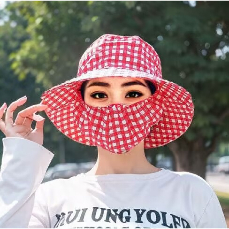 Tea-picking hat [red and white grille]