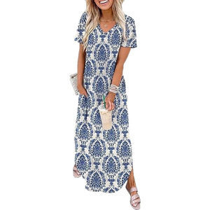 Robe longue décontractée de plage à col en V et manches courtes, coupe ample, ourlet irrégulier pour femme S M L XL XXL XXXL - Product Image 5