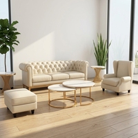 Sofa Krim Mewah dengan Panel Samping Berwarna Emas Tekstur Bergaris Furnitur Mewah untuk Hunian Villa