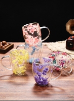 Tasse à double paroi 350 ml avec poignée pour fleurs séchées, verre transparent pour jus de fruits, tasse à thé, tasse à café expresso résistante à la chaleur, verre à vin