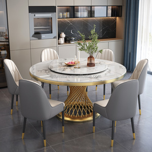 Ensemble de tables à manger rondes contemporaines avec plateau en dalle de roche, base en cage métallique dorée, 6 chaises rembourrées, meubles pour la maison, le restaurant, la villa - Product Image 3