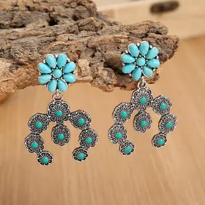 Vintage Boho Style Post Style Western Turquoise Squash Blossom Earrings