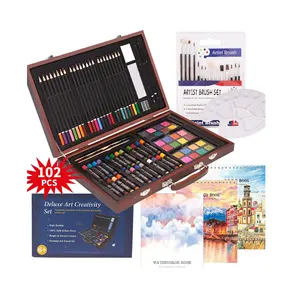 186pcs deluxe professional wooden box drawing art set with paints, pad, brushes for Kids Adults