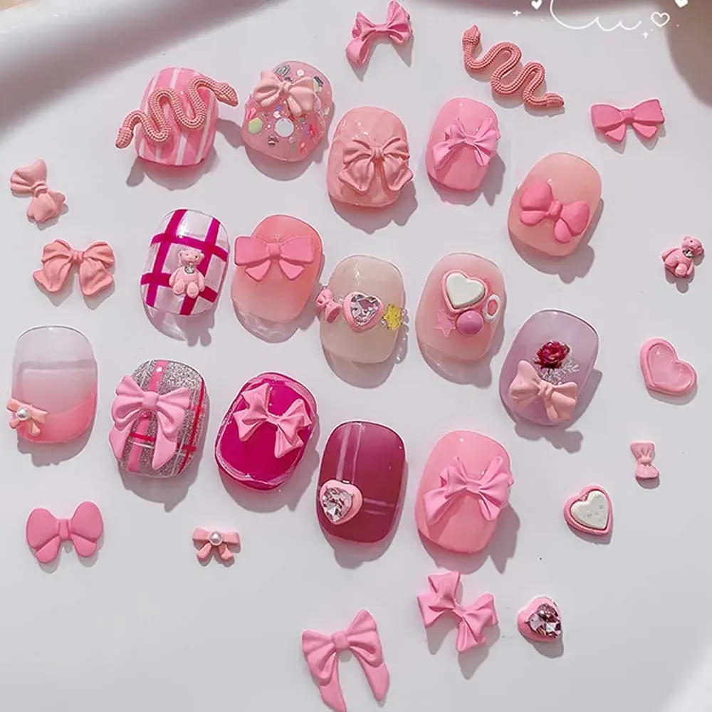 10pcs Bonito Creme 3D Linda Fita Bowknot Cruz Urso DIY Strass Prego Jóias Pink Nail Art Charme