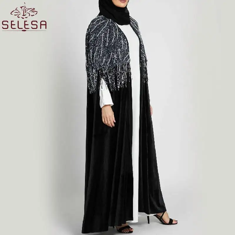 किमोनो नवीनतम आगमन पूर्ण कढ़ाई डिजाइन पत्ता पैटर्न जाल मुस्लिम कपड़े देवियों दुबई Abaya पोशाक