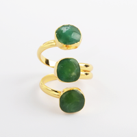 Bague manchette ajustable en or plaqué 18 carats avec 3 pierres de jade vert birman naturel, véritable bague en jade pour femme, style Bohème