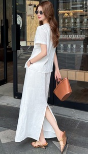 Completo Set Abito Lungo di Alta Qualità Nuovo 2026 Primavera Estate Designer Abbigliamento Donna: Top Bianco Rosa a <span class=keywords><strong>Maniche</strong></span> Corte + Gonna Lunga in Lino - Product Image 4