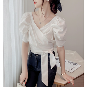 2025 nuova camicia da donna francese estiva Casual da donna con scollo a V e Design a palloncino - Product Image 1