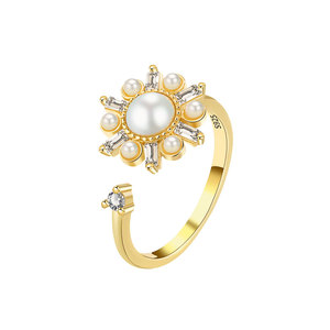 Bague anti-stress réglable en cuivre plaqué or, anti-ternissement, avec perle de culture, zircon et tournesol, pour l'anxiété - Product Image 1