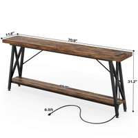 Table console moderne extra longue de 70,9 pouces avec plateau en bois, table de canapé, station de charge, étagère de rangement pour entrée et salon