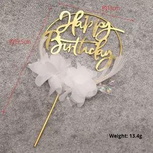 Decorazione per torta di compleanno in rete metallica con piume, motivo 'Happy', popolare su Internet, per dessert - Product Image 6