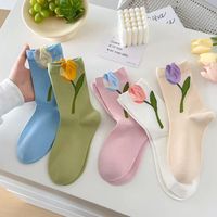 Chaussettes fines sans couture WUYANG FACTORY, nouvelle collection printemps-été, motif tulipes, mi-mollet, pur coton, toutes saisons, douces et tendance.