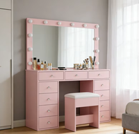Table de toilette noire glamour avec lumières LED Hollywood et plusieurs tiroirs de rangement pour une décoration intérieure élégante