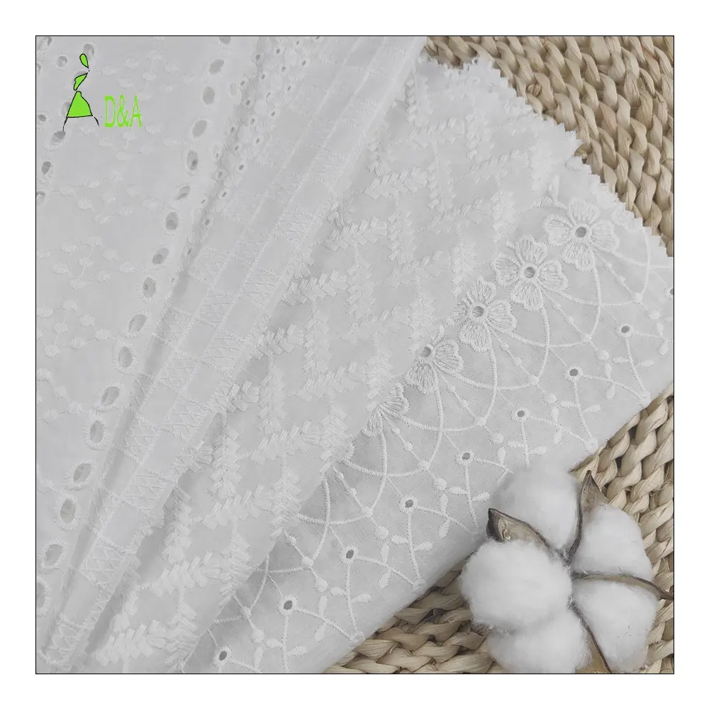 Tissu de Voile brodé en coton doux et personnalisé, tissu brodé Floral blanc pour vêtement, bonne vente