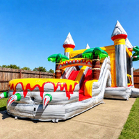 Château gonflable géant sur le thème des dinosaures volcaniques, aire de jeux gonflable avec palmiers et toboggan pour carnaval de jardin