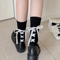 Chaussettes à lacets pour femmes, chaussettes à nœud à la cheville, côtelées, noires et blanches, élégantes, décontractées, pour tous les jours, occasions habillées, chaussettes tendance