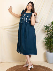 Solid Cotton Plus Size A-line <b>Dress</b> for Women Round Neck Short Sleeves Midi <b>Dress</b> Summer Western Party Casual Wear Stylish <b>Dress</b> - Product Image 3