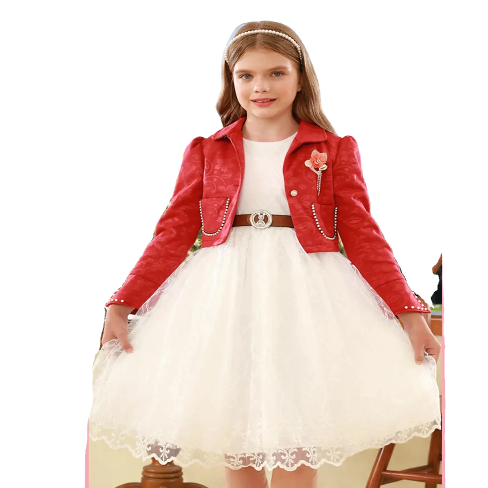 Falda de noche de primavera 2023 otoño vestido de princesa conjuntos de abrigo de manga larga para niños vestido de novia de perlas
