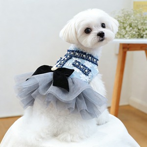 Ropa para Mascotas, Vestido para Perro o Gato, Color Gris Azulado, Falda de Tul Bordada, Estilo Princesa, para las Cuatro Estaciones - Product Image 4