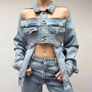 Nouvelle Arrivée Veste en Jean Personnalisée de Haute Qualité Style Street Hip Hop Vintage Délavée à l'Acide Coupe Courte et Creuse pour Femme - Product Image 1
