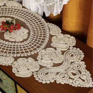 Dining Room Event Decor Sheer Mesh With Delicate Scroll Embroidery Oval Floral Cream <b>Lace</b> Table Runner - Product Image 2