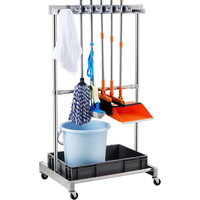 Vente en gros de porte-balai à double rangée avec crochet, rangement mobile au sol pour outils sanitaires en acier inoxydable avec cadre, support de balai amovible