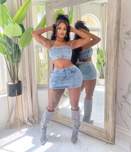 Minijupe en <span class=keywords><strong>jean</strong></span> deux pièces vêtements pour femmes bustier tubulaire et jupes en <span class=keywords><strong>jean</strong></span> tenues 2 pièces avec perles - Product Image 5