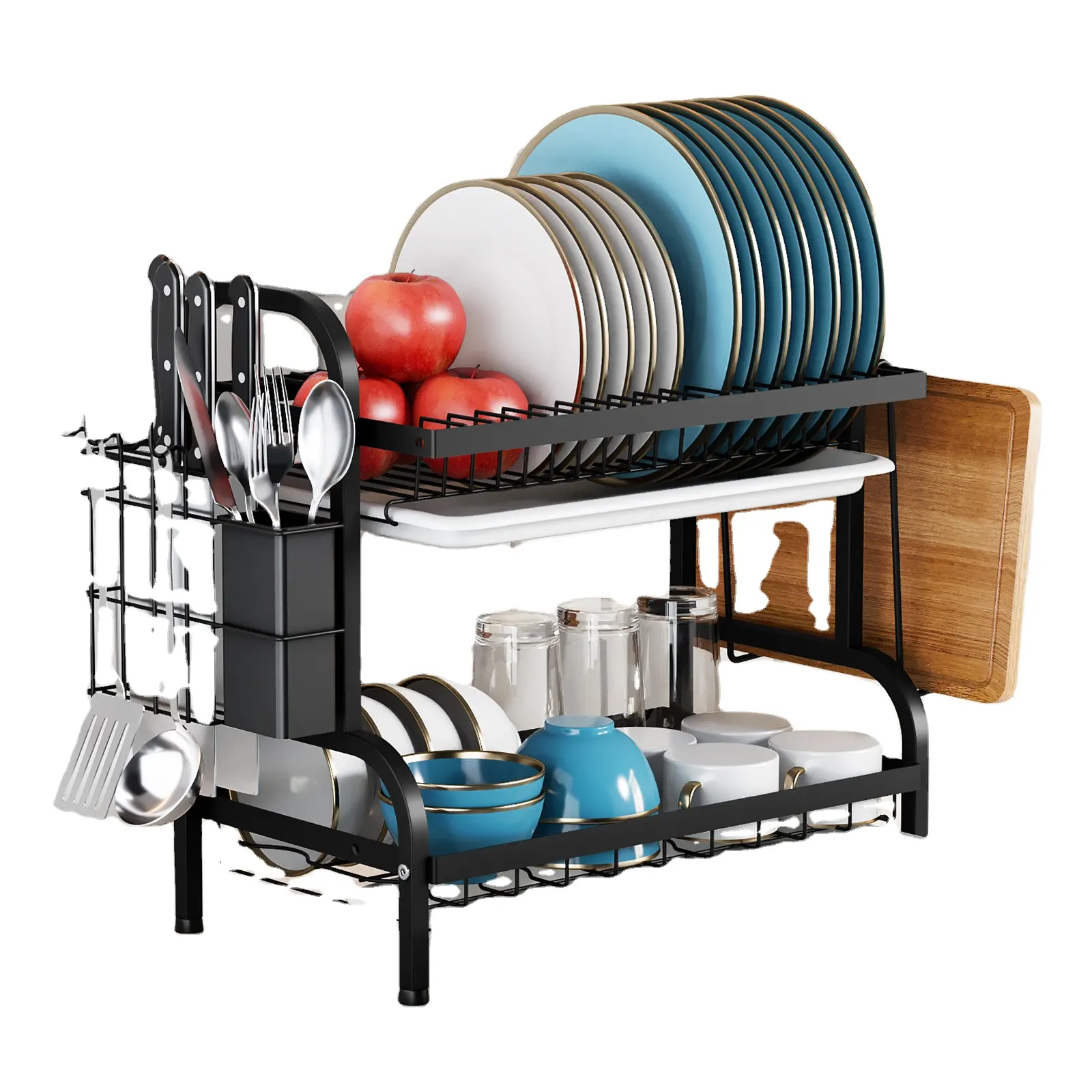 Bulaşık kurutma rafı bardak tutucu ile lavabo 2 Tier için Drainboard seti ile mutfak sayacı çanak süzgeçler süzgeci için mutfak aleti tutucu