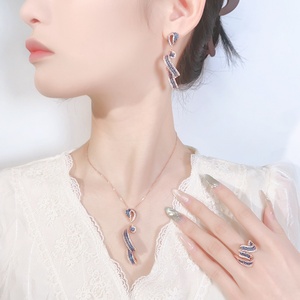Fashion Eco-friendly Copper Micro Pave Blue Zircon Designer Rose Gold Plated Jewelry Sets for Women Necklace <b>Earrings</b> Ring Set - Product Image 3