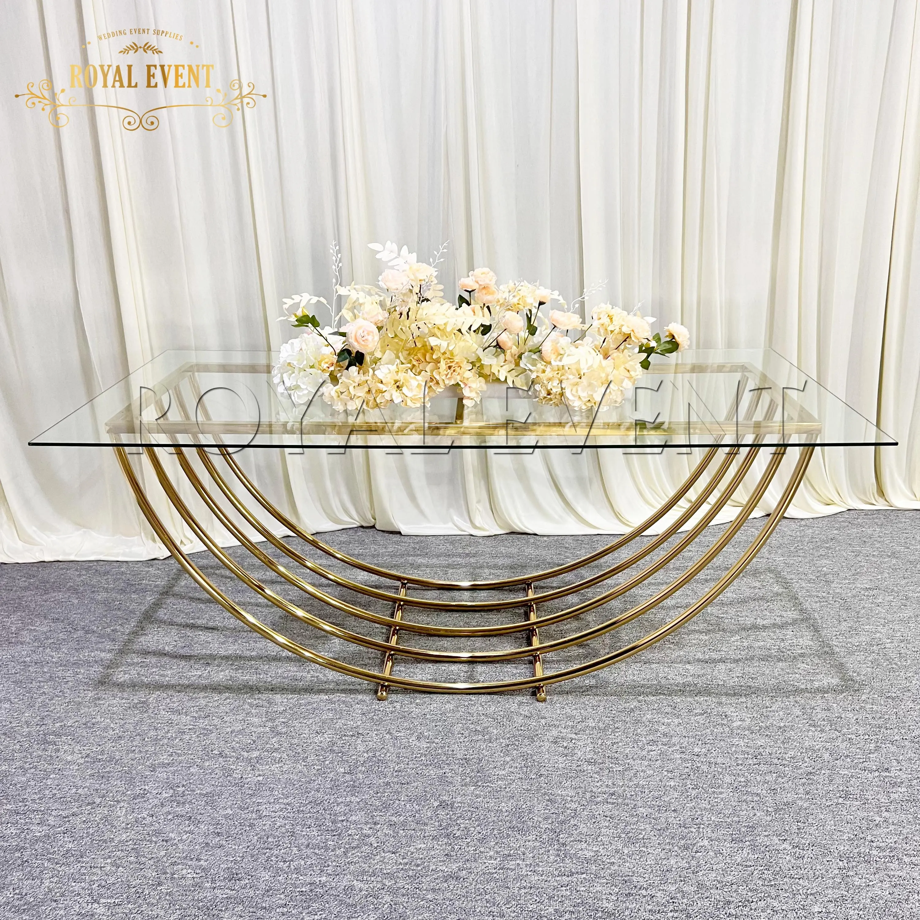 Eventos de casamento decoração de vidro, top banquete mesa de jantar dourado aço inoxidável tabelas de noiva para eventos de casamento