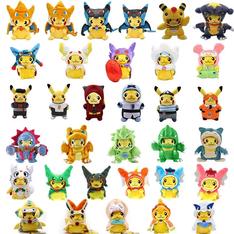 Venda quente Pokemoned Pikacha Stuffed Elf Cosplay Charmander Snorlax Com Manto Legal Monstro De Bolso De Pelúcia Anime Soft Doll