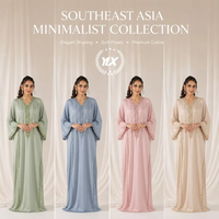 Ensemble Abaya Femme Personnalisé Noir Ouvert sur le Devant avec Bordure en Treillis Doré, Manches en Velours à Motifs Floraux et Robe Plissée Beige OEM