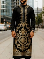 Qamis traditionnel pour homme, demi-fermeture à quatre boutons, col montant, manches longues, imprimé, style Dishdasha, pour affaires, gentleman, soirée urbaine, vente en gros