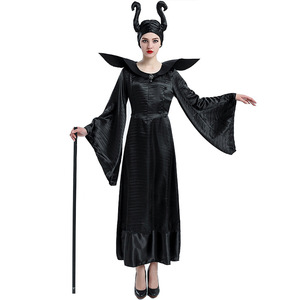 Disfraz de Halloween para Mujer HP, Vestido Largo Negro de Lujo, Disfraz de Reina Malvada, Bruja, Demonio, con Tocado de Cuerno, Coldker - Product Image 3