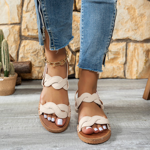 Sandalias Planas con Tira Trenzada para Mujer, Cierre Mágico Ajustable en el Tobillo, Calzado Casual de Verano para Playa y Uso Diario - Product Image 1