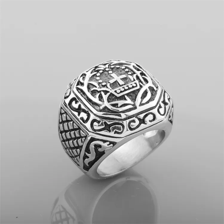 Punk Vintage Crow Cross Flower Ring For Men Stainless steel Jewelry Wholesale Personalized Hearts Chrome Rings Hip Hop Street