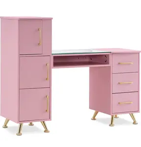 Meubles professionnels de salon de beauté d'ongles, table de bureau de tatouage de sourcils en bois MDF rose avec armoire et tiroirs