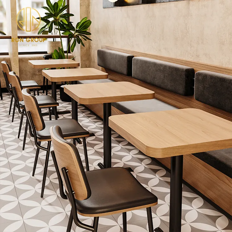 Muebles de cafetería cuadrados de roble personalizados Juego de mesa y sillas de madera para restaurante con asientos de metal sólido comercial