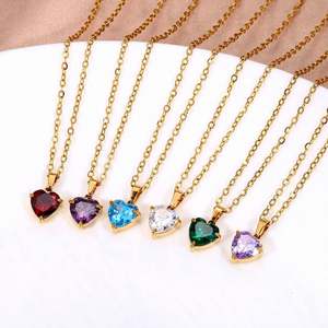 Collar de circonita con doce piedras de nacimiento, colgante de circonita en forma de corazón simple, cadena de eslabones de acero inoxidable, collar deportivo para mujer - Product Image 1