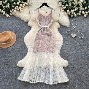 Robe en dentelle élégante et romantique à manches courtes et taille haute pour femme, style français - Product Image 1